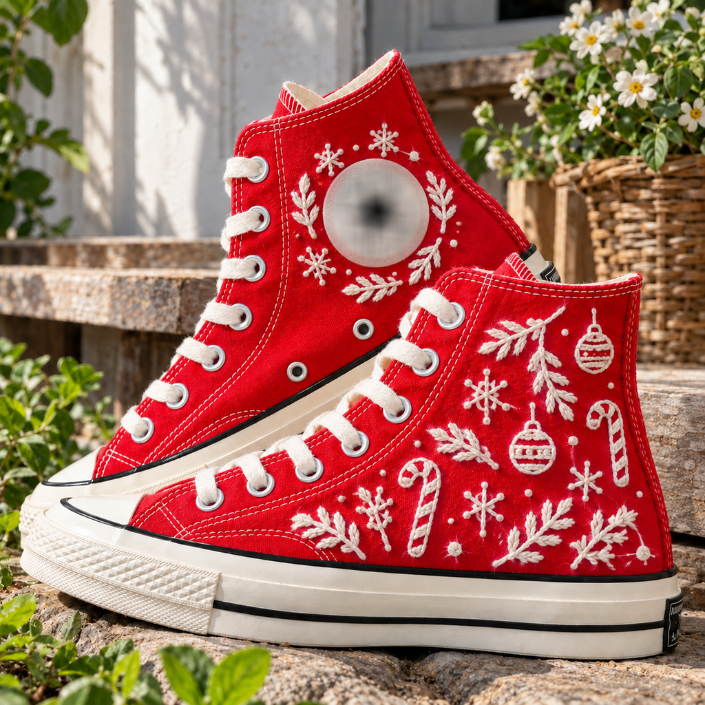 Red Christmas Hand Embroidered High Top Shoes, Snowflake Candy Cane Converse, Holiday Sneakers, Festive Christmas Gift for Her