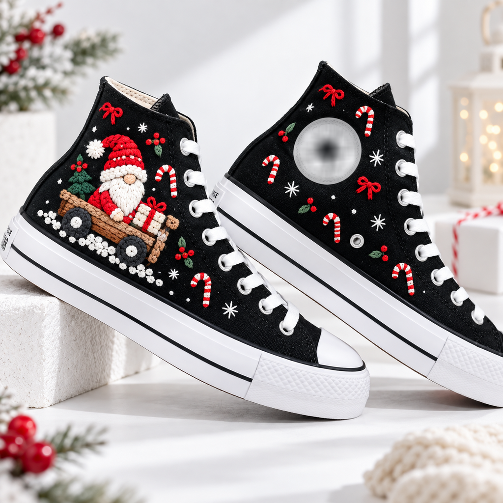 Santa Christmas Hand Embroidered High Top Shoes, Candy Cane Converse Sneakers, Holiday Gnome Shoes, Festive Christmas Gift for Her