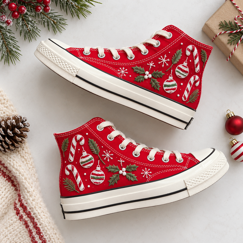 Candy Cane Christmas Hand Embroidered High Top Shoes, Holiday Ornament Converse Sneakers, Festive Holly Shoes, Christmas Gift for Her