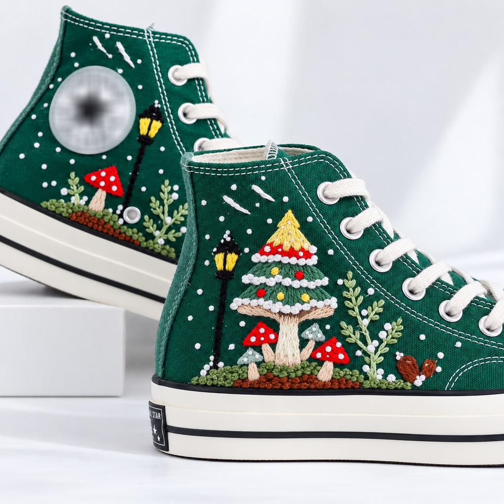Christmas Tree Embroidered Converse, Mushroom Forest High Tops, Handmade Holiday Sneakers, Woodland Christmas Gift, Custom Converse Shoes