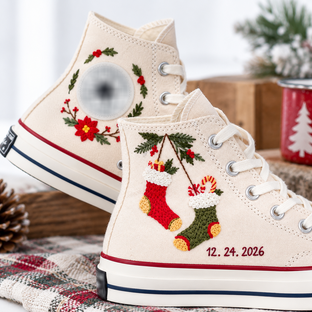 Christmas Stocking Embroidered Converse, Personalized Date High Tops, Holly Berry Holiday Sneakers, Custom Christmas Gift for Her