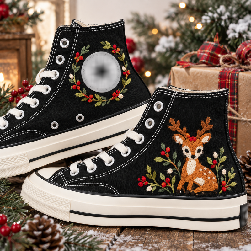 Christmas Deer Embroidered Converse, Woodland Reindeer High Tops, Holly Berry Floral Sneakers, Handmade Holiday Gift for Her