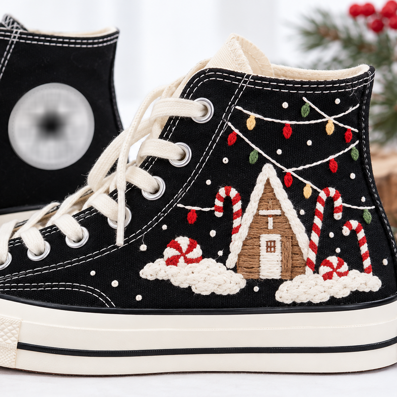 Gingerbread House Embroidered Converse, Candy Cane Christmas High Tops, Handmade Holiday Sneakers, Festive Winter Gift for Her