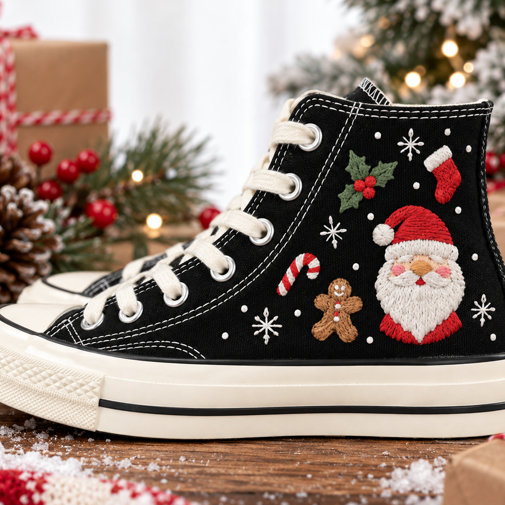 Santa Gingerbread Embroidered Converse, Candy Cane Christmas High Tops, Holly Holiday Sneakers, Handmade Christmas Gift for Her