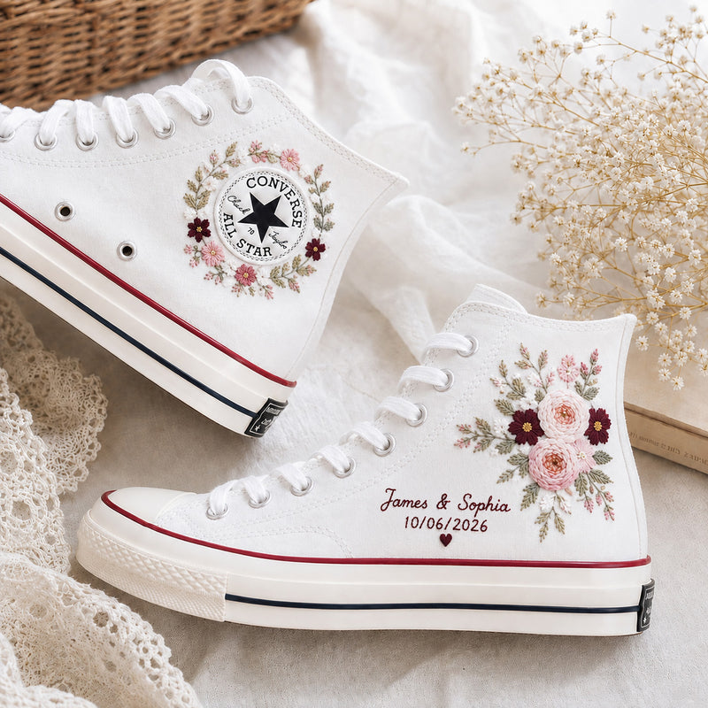 Personalized Blush Rose Bouquet Embroidered Converse, Custom Name Date Bridal High Tops, Floral Wedding Sneakers, Bride Gift
