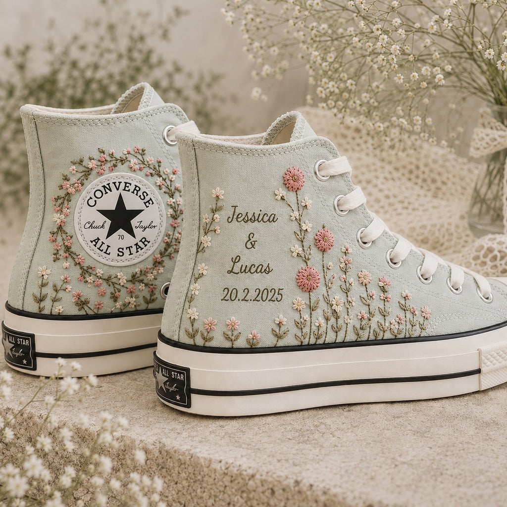 Wedding Wildflower Names And Date - Personalized Embroidered Converse High Tops