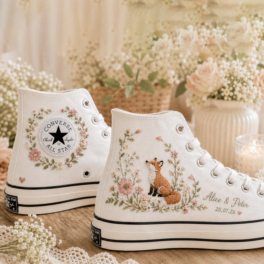 Fox Floral Wedding With Names And Date - Personalized Embroidered Converse High Tops