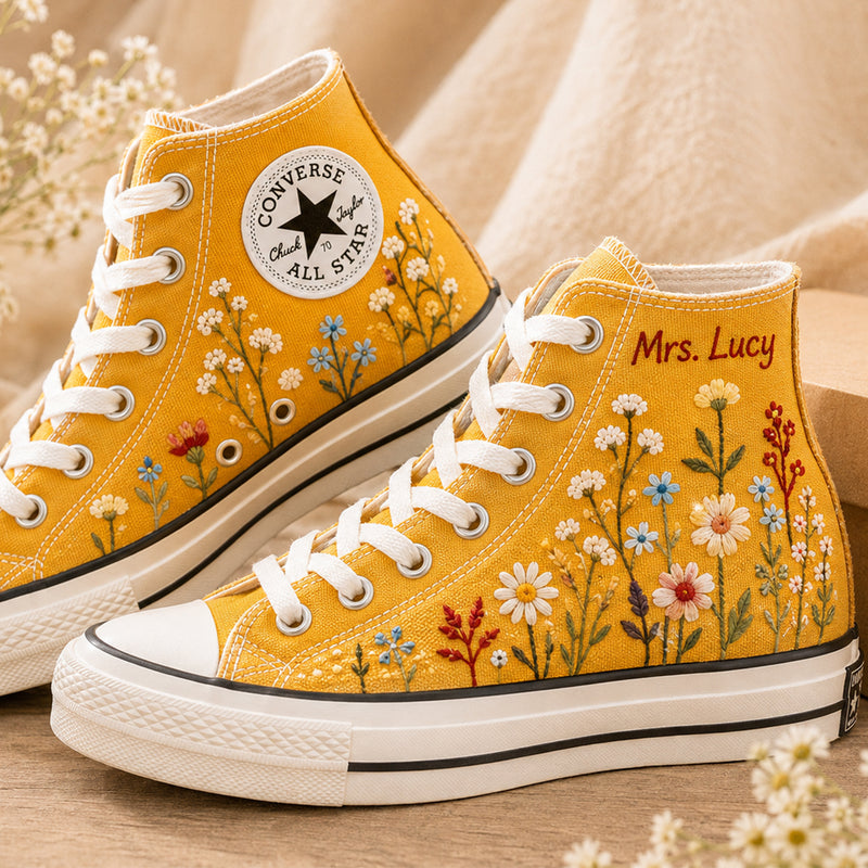 Custom Name Wildflower - Personalized Embroidered Converse High Tops
