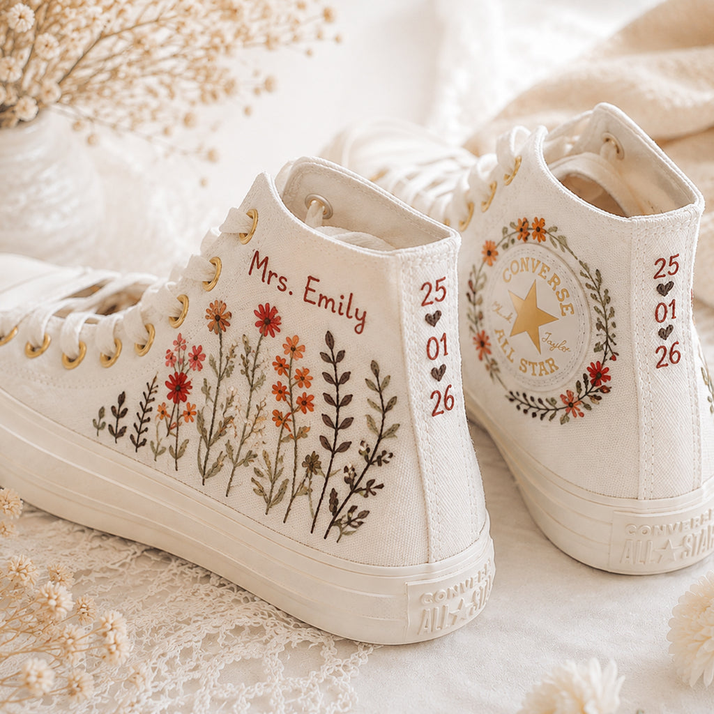 Wedding Wildflower Custom Name And Date - Personalized Embroidered Converse High Tops