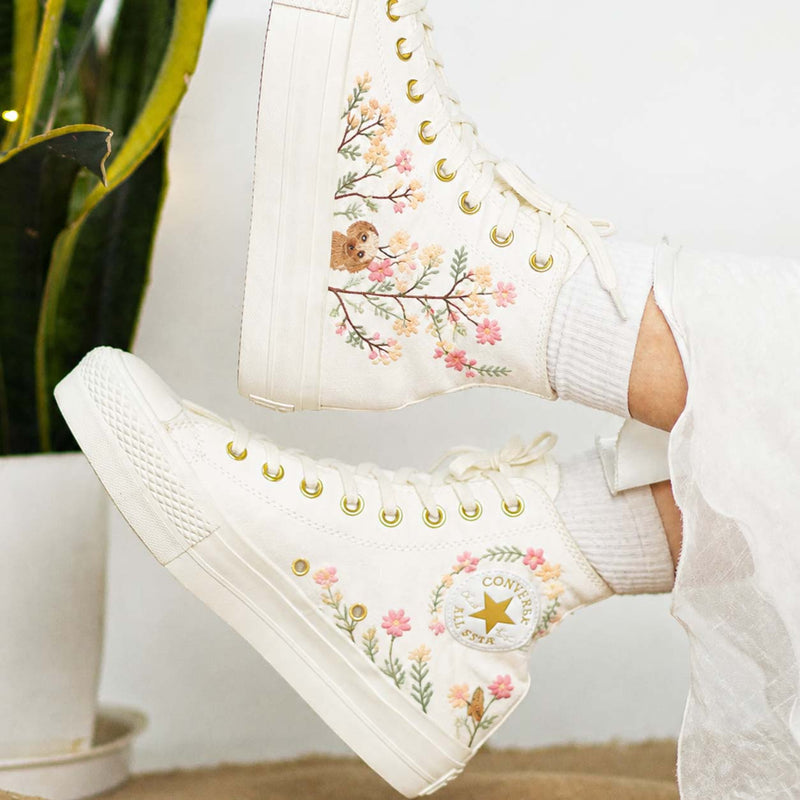 Pet Portrait Wedding Floral - Personalized Embroidered Converse High Tops