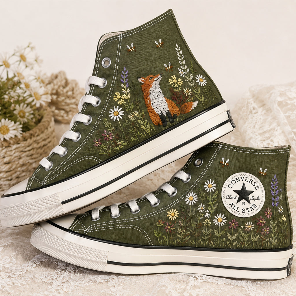 Hand Embroidered Fox Wildflower - Embroidered Converse High Tops