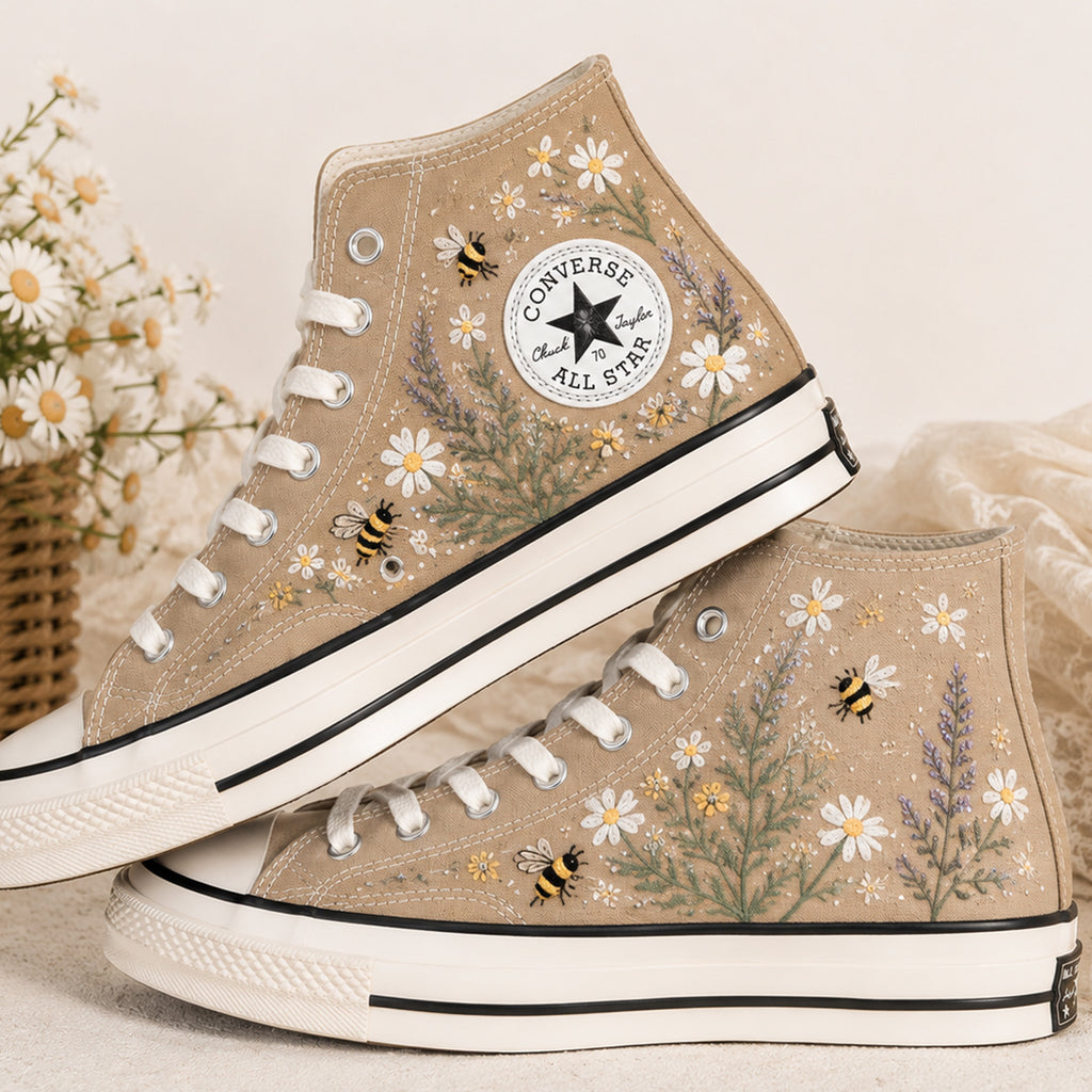 Bee And Daisy Wildflower Garden - Embroidered Converse High Tops