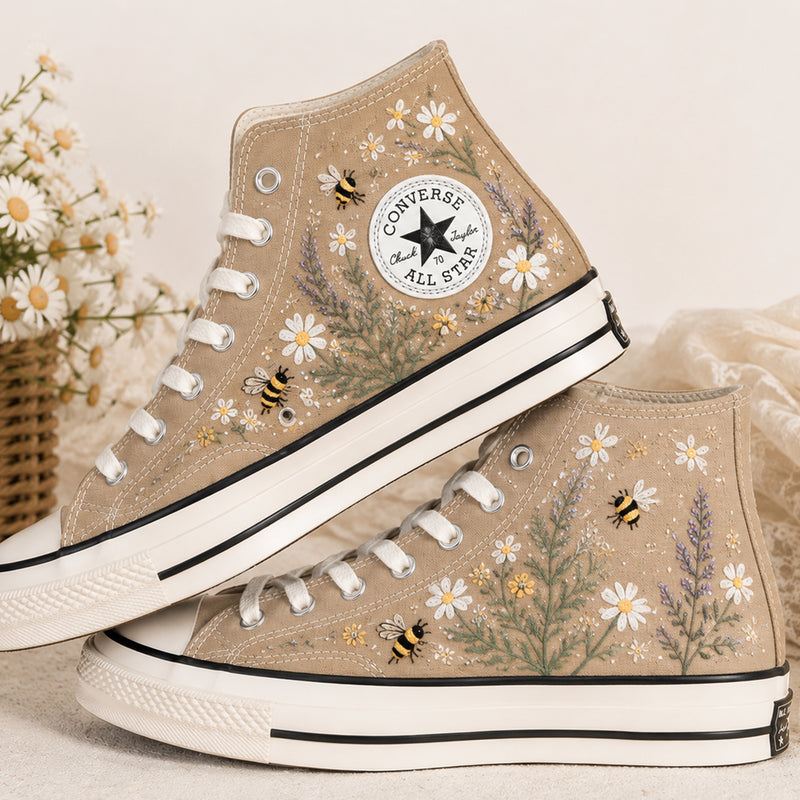 Bee And Daisy Wildflower Garden - Embroidered Converse High Tops