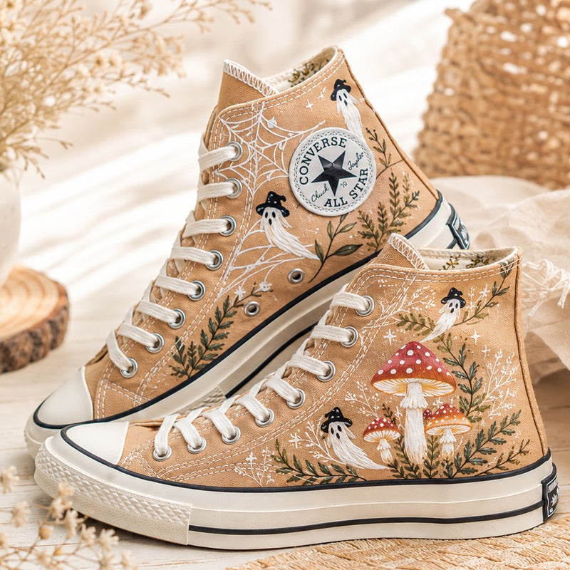 Halloween Ghost Mushroom Garden - Embroidered Converse High Tops