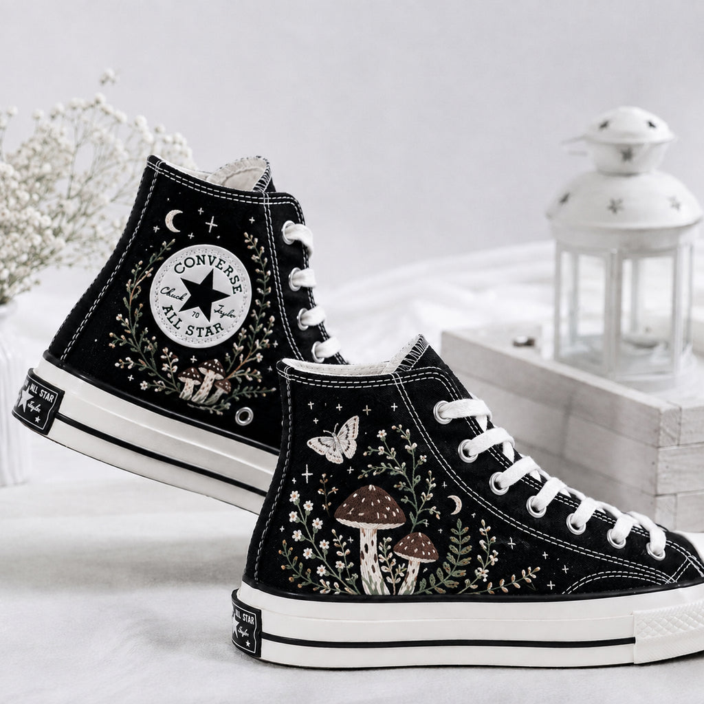 Halloween Mushroom Ghost Garden - Embroidered Converse High Tops