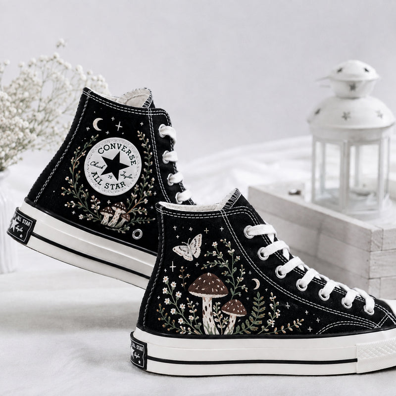 Halloween Mushroom Ghost Garden - Embroidered Converse High Tops