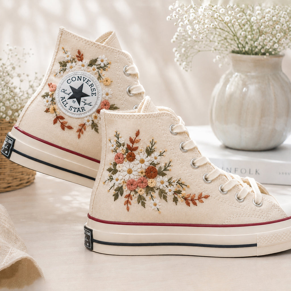 Autumn Burnt Orange Floral Meadow - Embroidered Converse High Tops