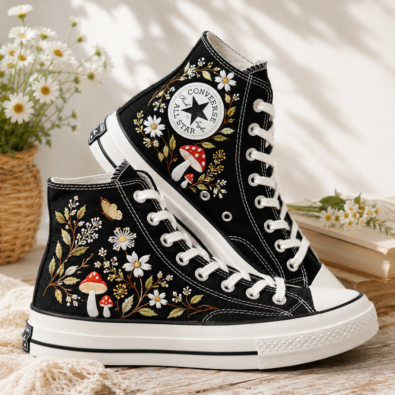 Mushroom Wildflower Garden - Embroidered Converse High Tops