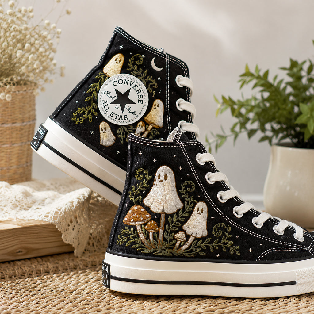 Halloween Ghost Mushroom Garden - Embroidered Converse High Tops