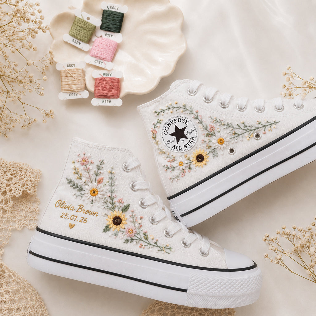Sunflower Wildflower Custom Name And Date - Personalized Embroidered Converse High Tops