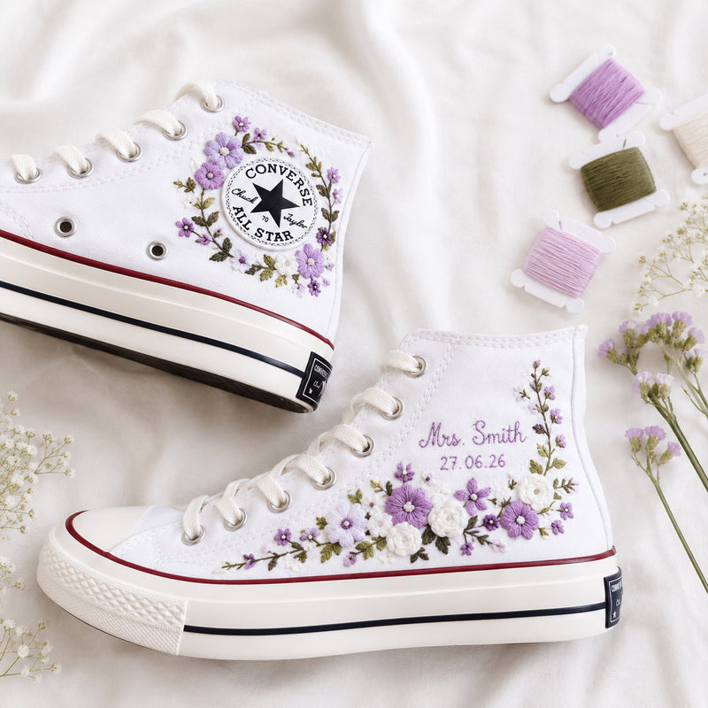 Purple Lilac Wildflower Wedding - Personalized Embroidered Converse High Tops