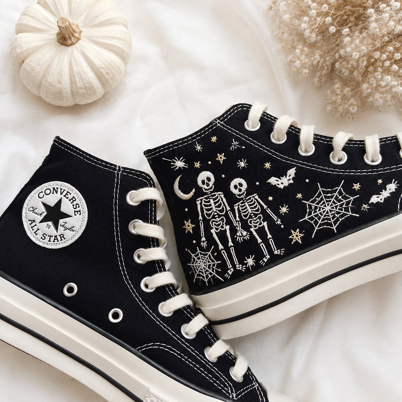 Skeleton Couple Halloween - Embroidered Converse High Tops