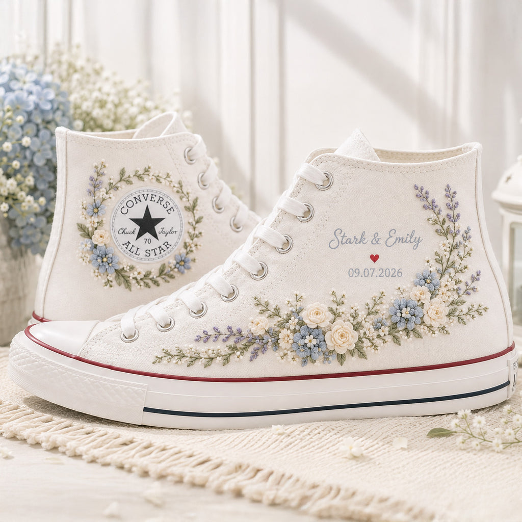 Custom Blue Hydrangea Rose Wedding Name & Date - Personalized Embroidered Converse High Tops