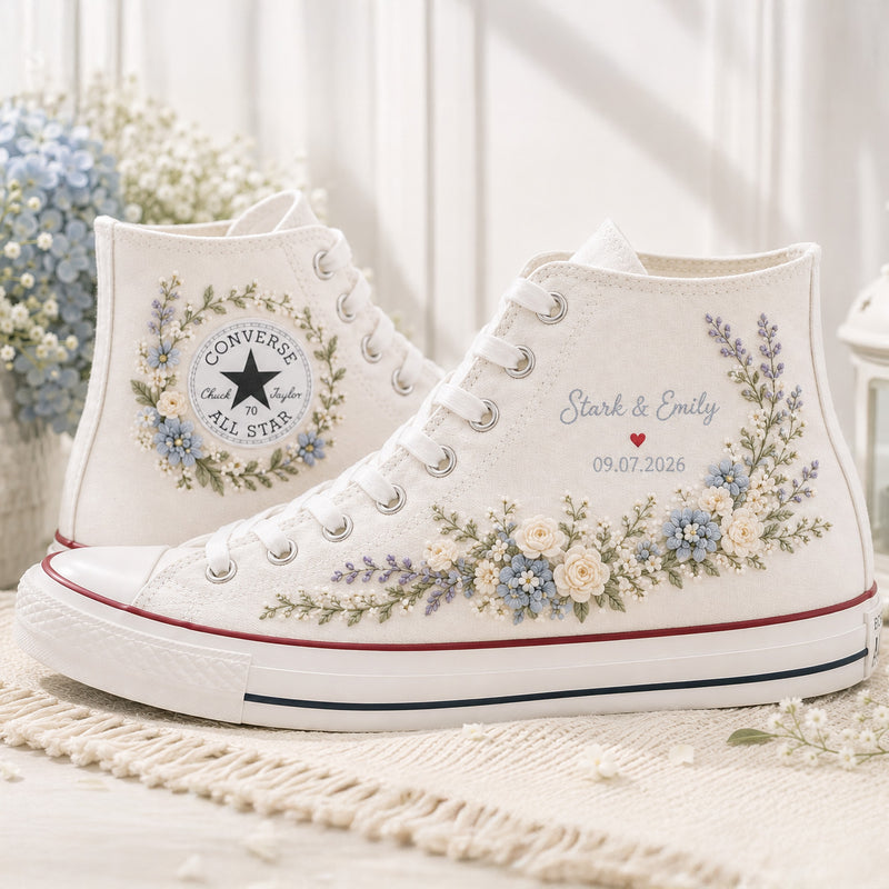 Custom Blue Hydrangea Rose Wedding Name & Date - Personalized Embroidered Converse High Tops