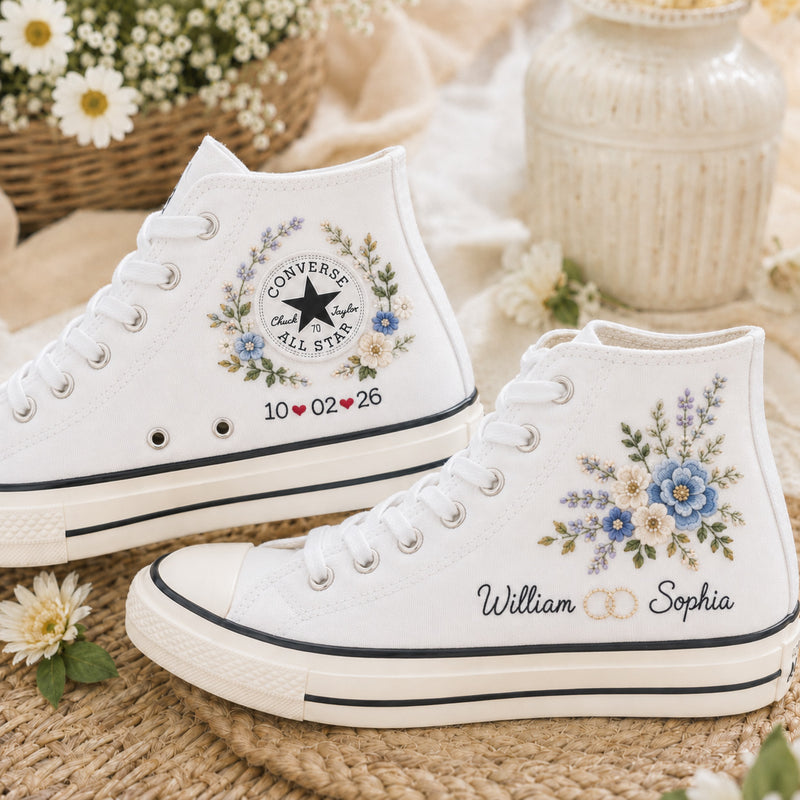 Custom Blue Wildflower Wedding Name & Date - Personalized Embroidered Converse High Tops