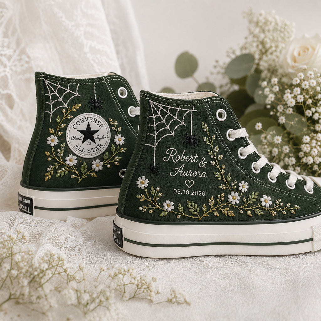 Custom Spiderweb Daisy Wedding Name & Date - Personalized Embroidered Converse High Tops