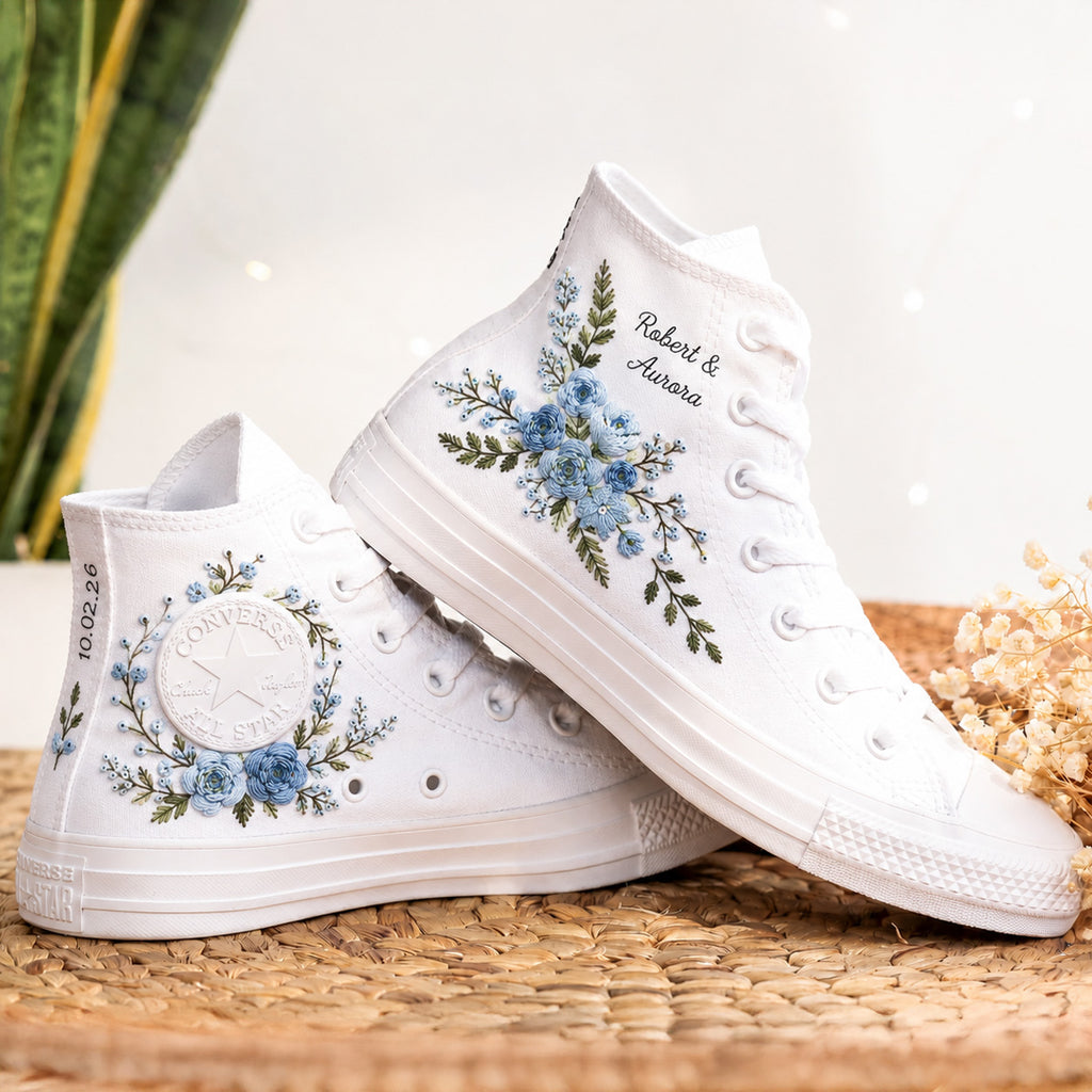 Custom Blue Rose Wedding Name & Date - Personalized Embroidered Converse High Tops