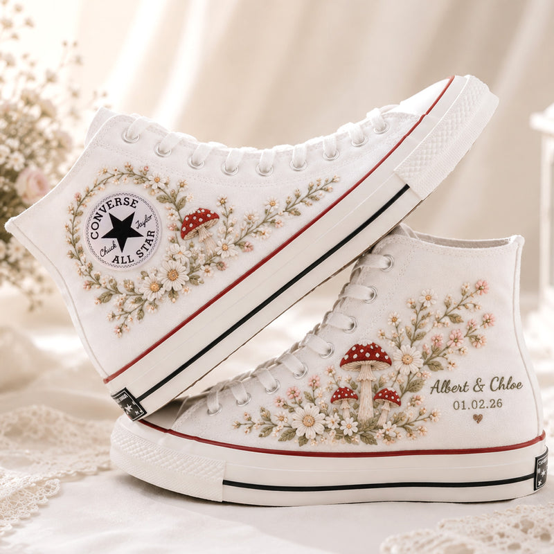 Custom Mushroom Wildflower Wedding Name & Date - Personalized Embroidered Converse High Tops