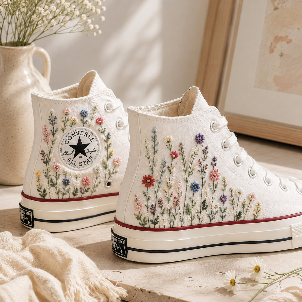 Custom Colorful Wildflower Meadow - Embroidered Converse High Tops