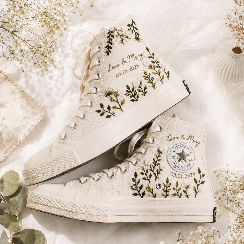 Custom White Wildflower Wedding Name & Date - Personalized Embroidered Converse High Tops