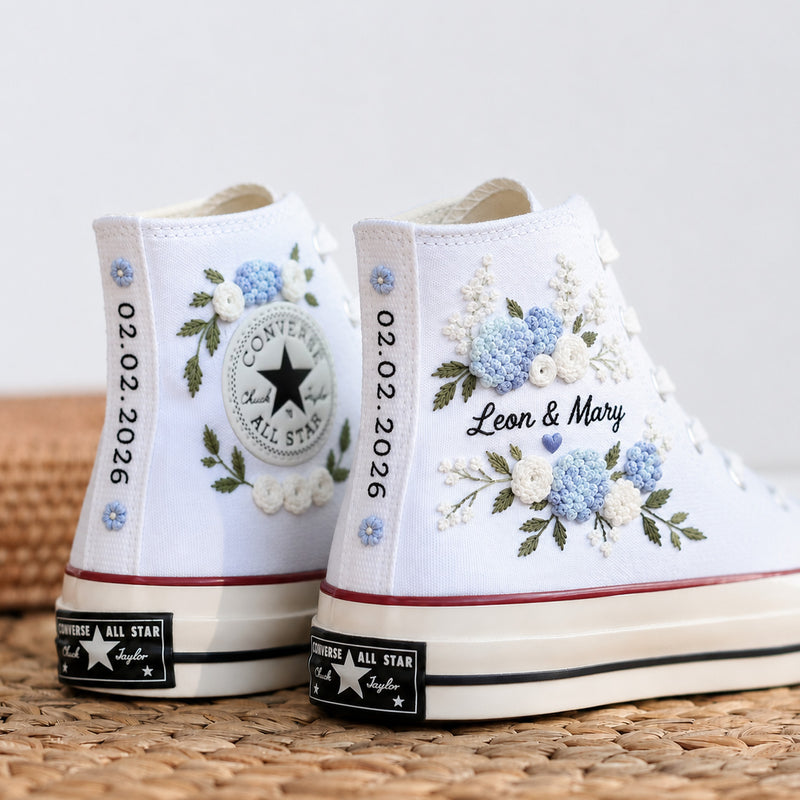 Custom Blue Hydrangea Wedding Name & Date - Personalized Embroidered Converse High Tops