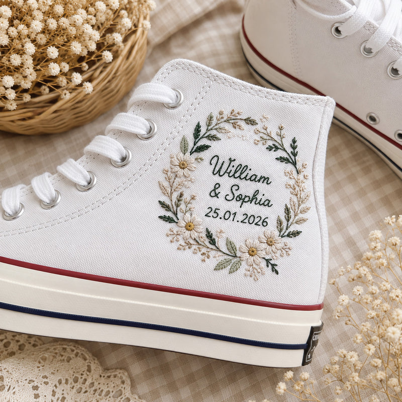 Custom Wildflower Wreath Wedding Name & Date - Personalized Embroidered Converse High Tops