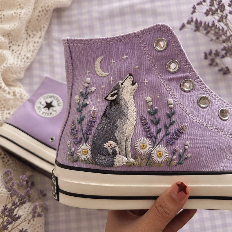 Howling Wolf Moon Wildflower - Embroidered Converse High Tops