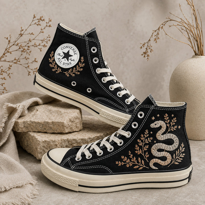 Embroidered Converse High Tops, Snake Botanical Sneakers, Gothic Cottagecore Floral Shoes, Serpent Nature Lover Gift, Witchy Shoes for Her