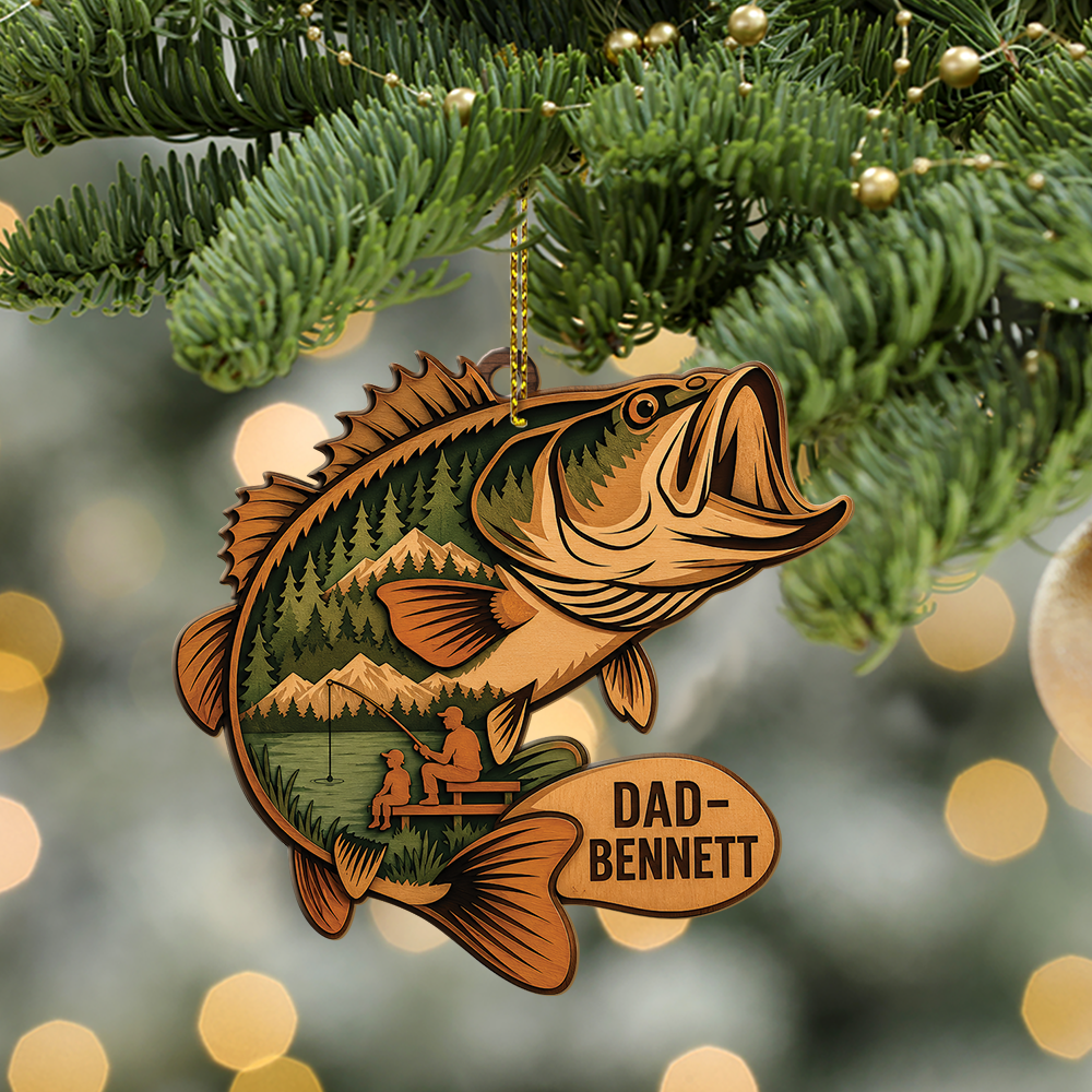 Fishing Dad Fish Shape With Name - Custom Shape Wood Ornament Cutout & Print
