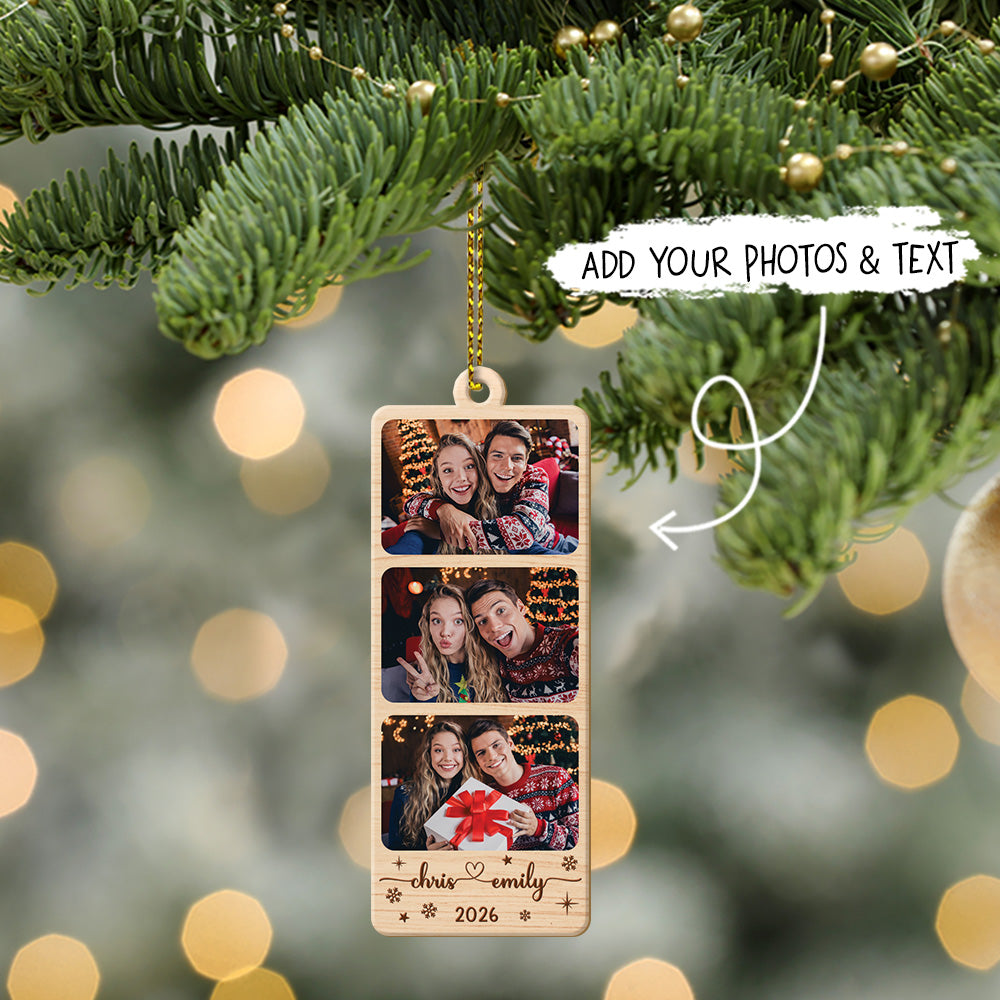 Family Photo Strip With Name And Year - Custom Shape Wood Ornament Cutout & Print