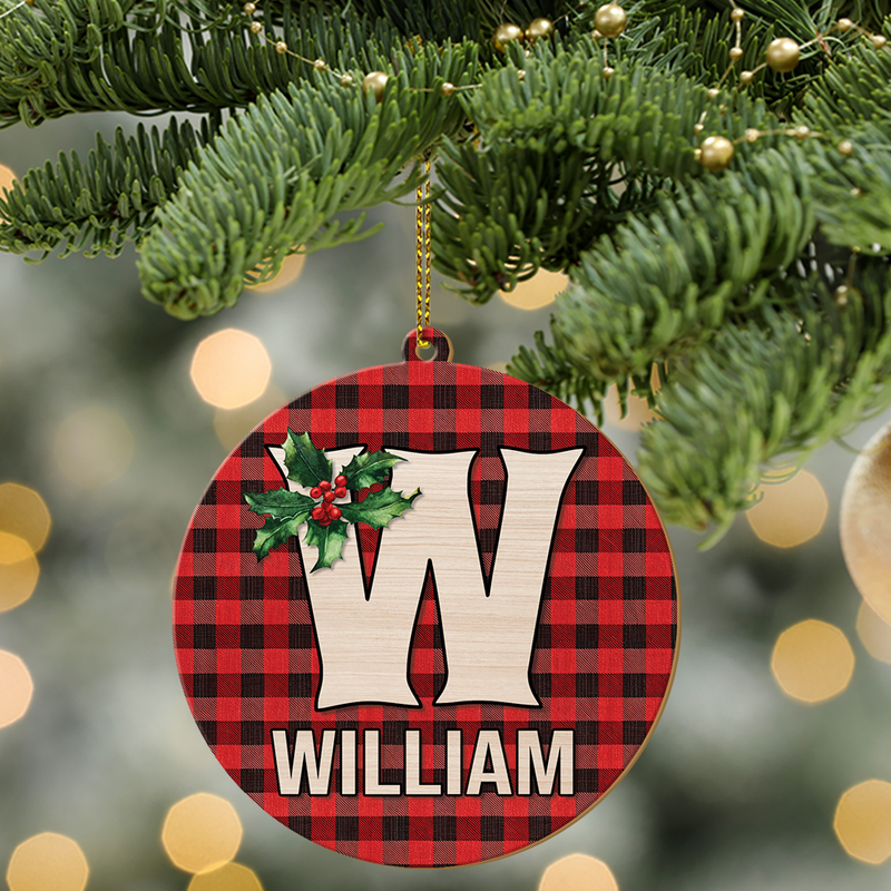 Christmas Initial Buffalo Plaid With Name -  Custom Shape Wood Ornament Cutout & Print