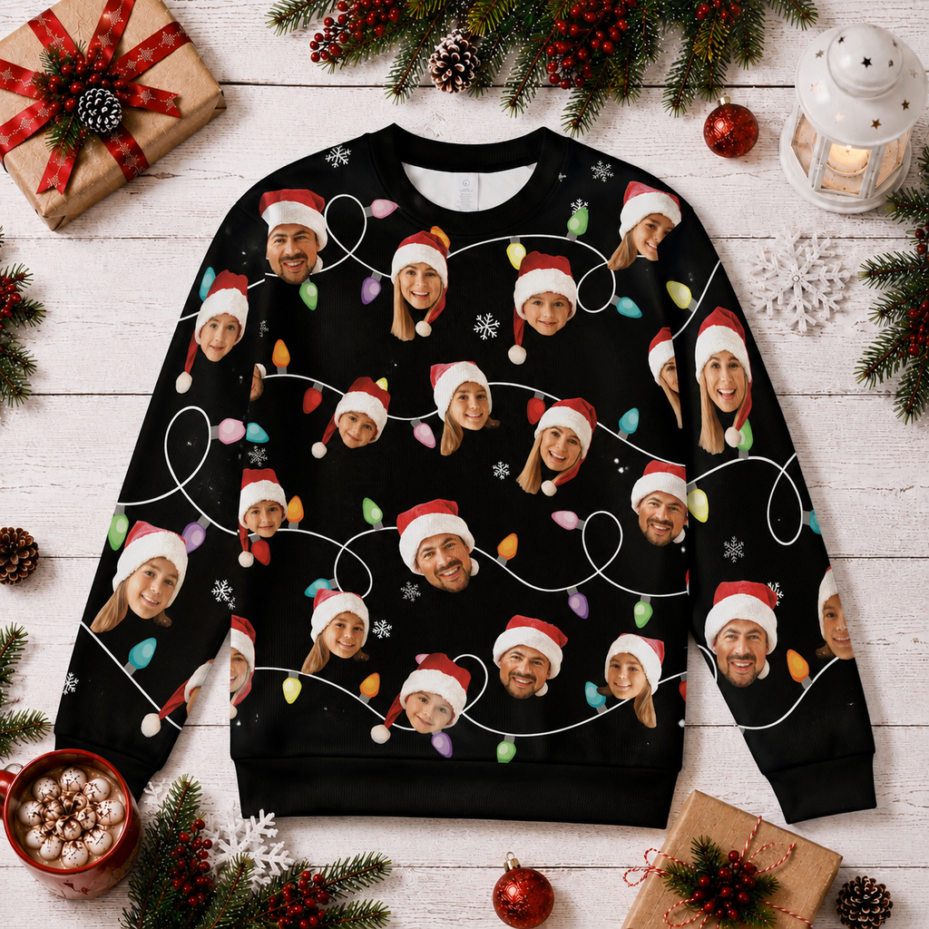 Custom Face Christmas Sweatshirt, Personalized Photo Ugly Sweater, Family Santa Hat Christmas Lights Shirt, Funny Holiday Party Gift