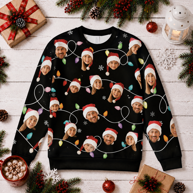 Custom Face Christmas Sweatshirt, Personalized Photo Ugly Sweater, Family Santa Hat Christmas Lights Shirt, Funny Holiday Party Gift