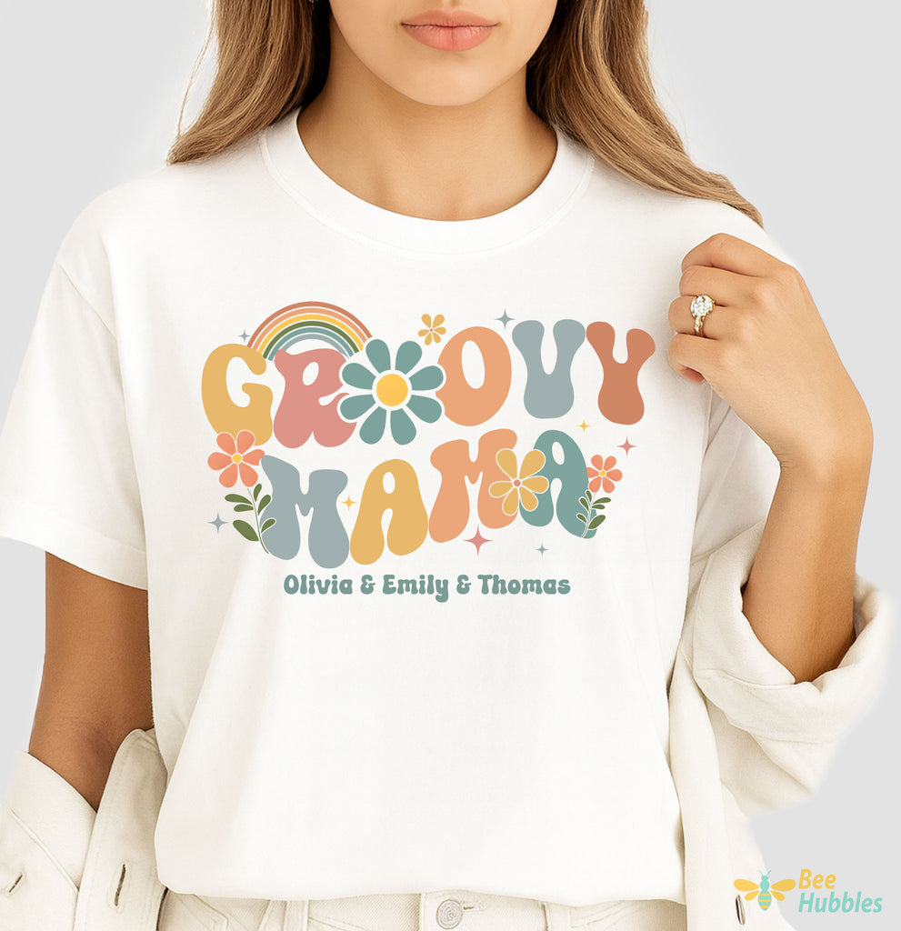 Groovy Mama Shirt, Personalized Mom Shirt with Kids' Names, Retro Daisy Flower Tee